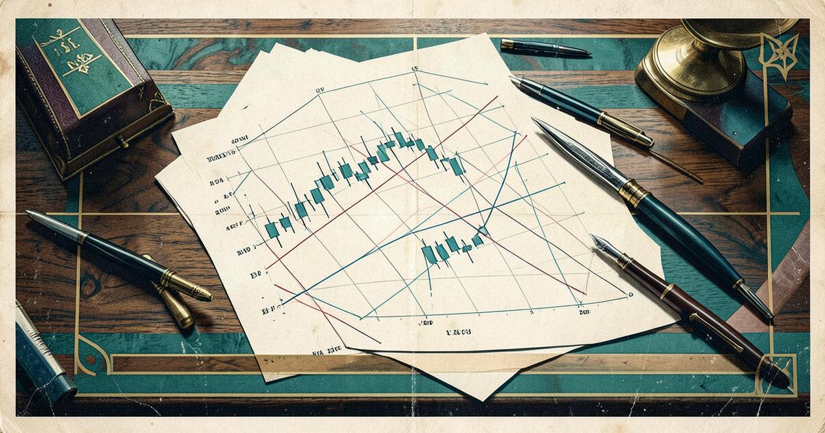 Art-déco-Illustration eines Chartblatts mit Kerzen und Trendlinien zur technischen Analyse