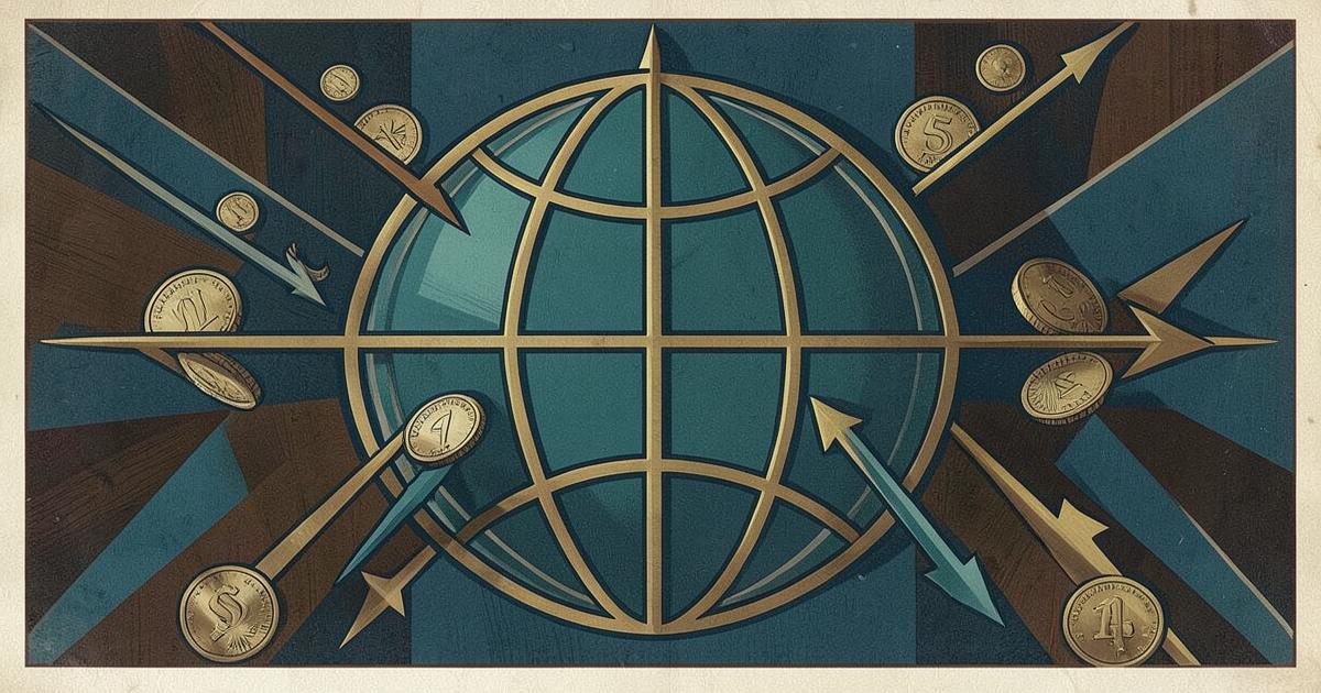 Art-déco-Illustration eines Globus mit Devisenpfeilen zum Thema Forex-Trading