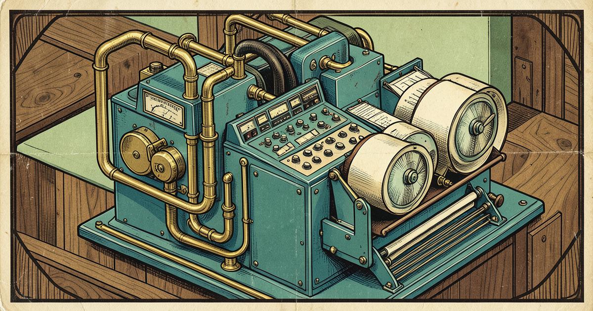 Art-déco-Illustration einer mechanischen Orderrouting-Maschine für Handelsplattformen