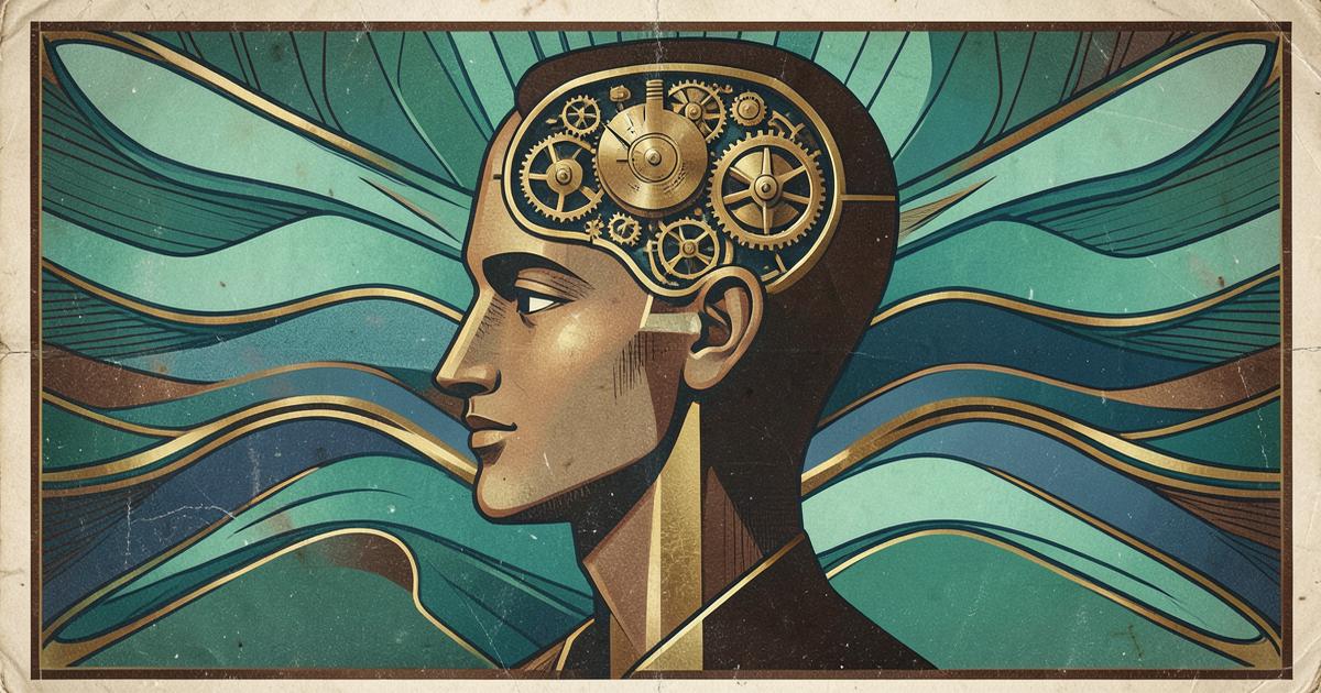 Art-déco-Porträt mit Uhrwerk im Kopf als Sinnbild für Trading-Psychologie
