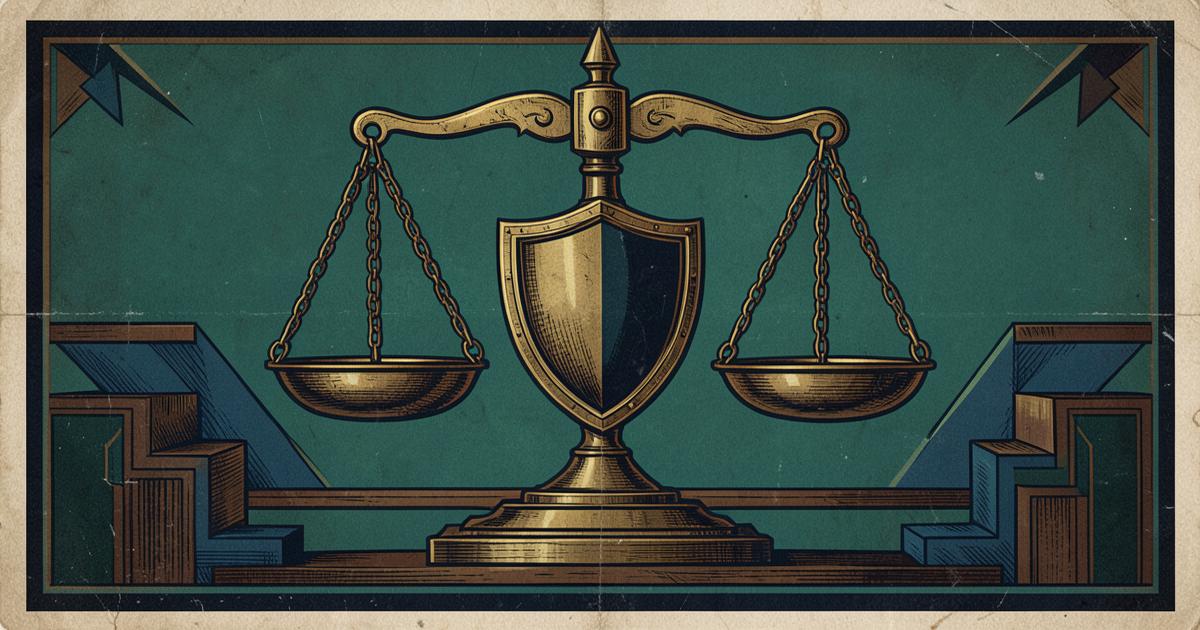 Art-déco-Grafik einer Waage mit Schutzschild als Sinnbild für Risikomanagement im Trading
