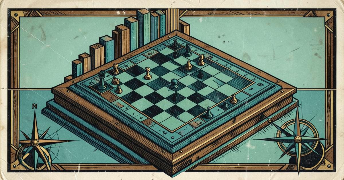 Art-déco-Illustration eines Schachbretts mit Kursbalken zum Thema Trading-Strategien